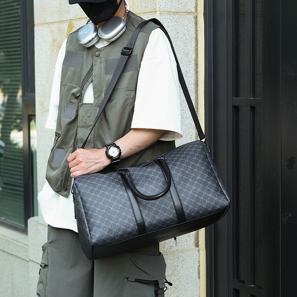 Large Capacity Men Black Traveling Bag, Business Travel Luggage, Classic Printed Handbag Shoulder Bag for Men
