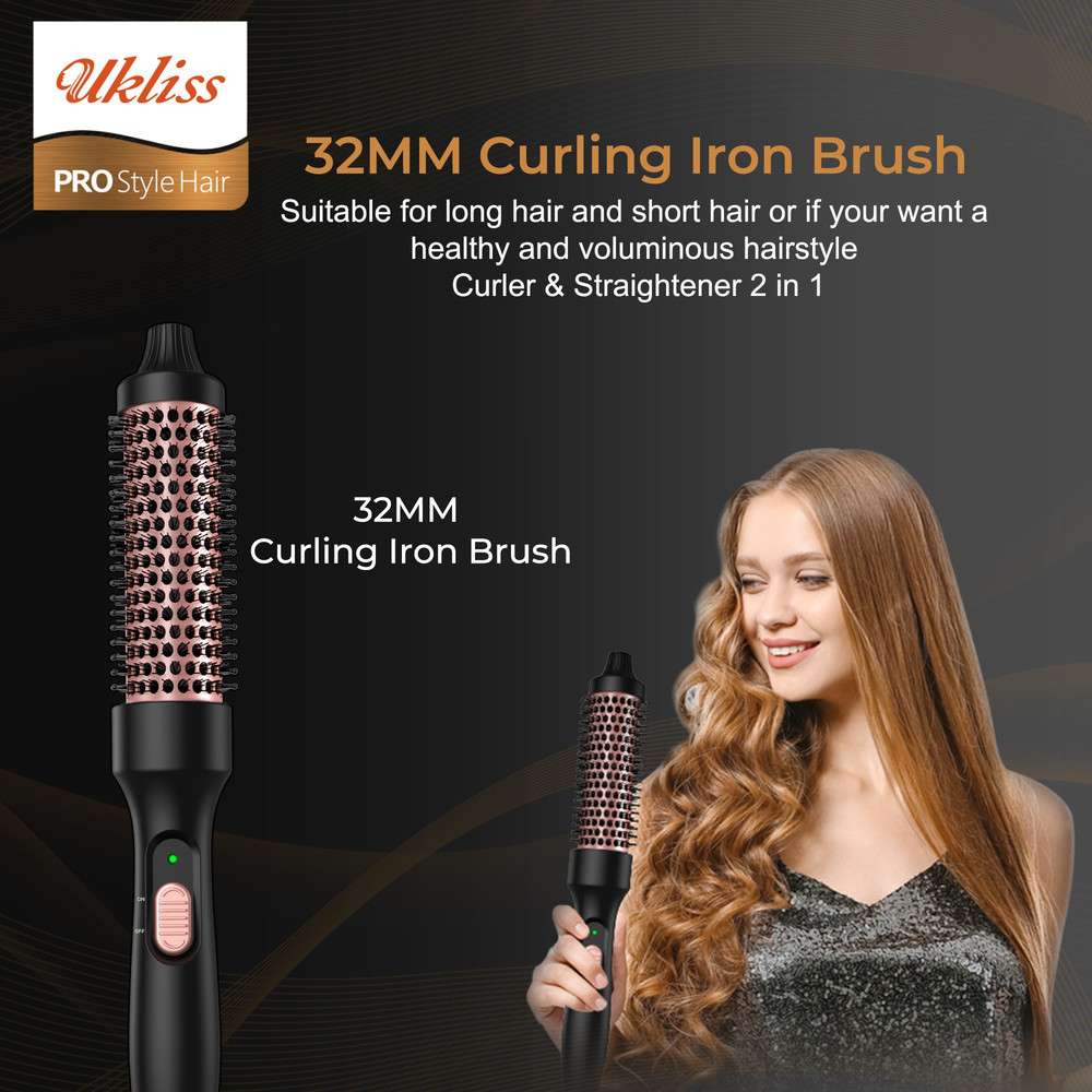 Hot Air Thermal Brush Hair Volumizer, 32mm Curling Iron, Straightener and Styling Brush for Salon Blowout