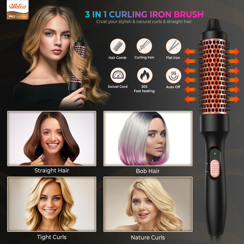 Hot Air Thermal Brush Hair Volumizer, 32mm Curling Iron, Straightener and Styling Brush for Salon Blowout