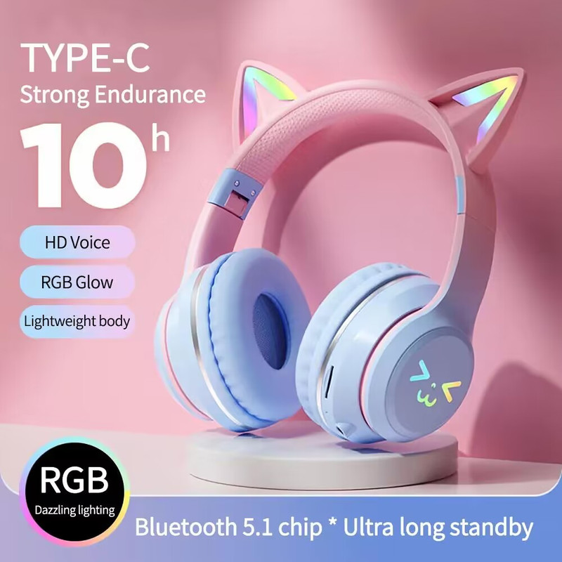 Wireless Cat Ear Headphones Bluetooth RGB Glow, Gaming Headset with Cable, Original Earphones for Smartphone PC Sport