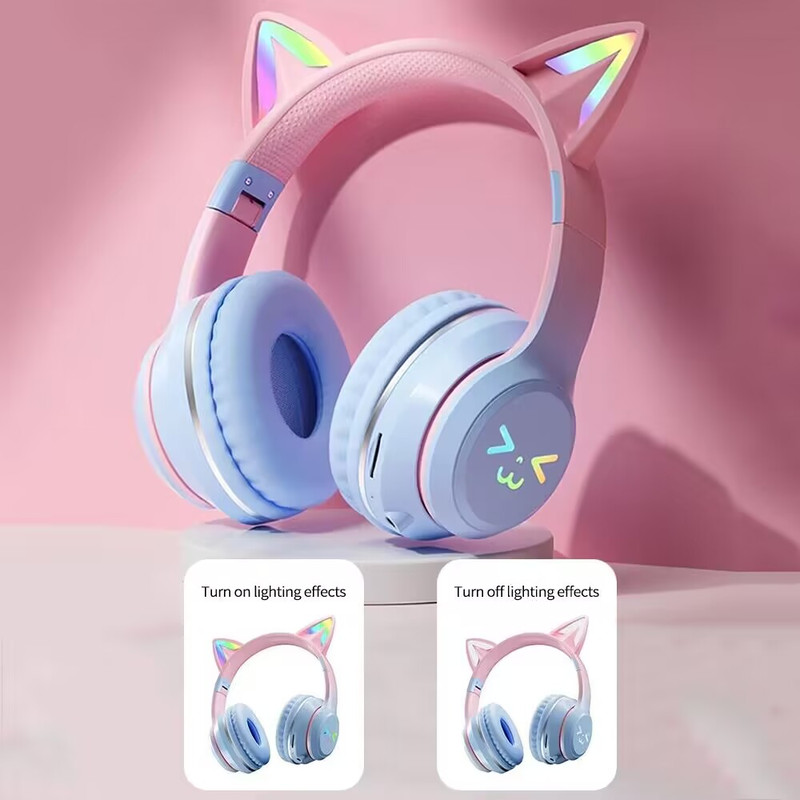Wireless Cat Ear Headphones Bluetooth RGB Glow, Gaming Headset with Cable, Original Earphones for Smartphone PC Sport