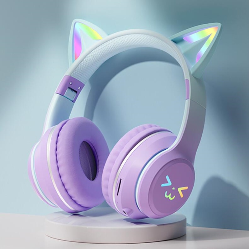 Wireless Cat Ear Headphones Bluetooth RGB Glow, Gaming Headset with Cable, Original Earphones for Smartphone PC Sport