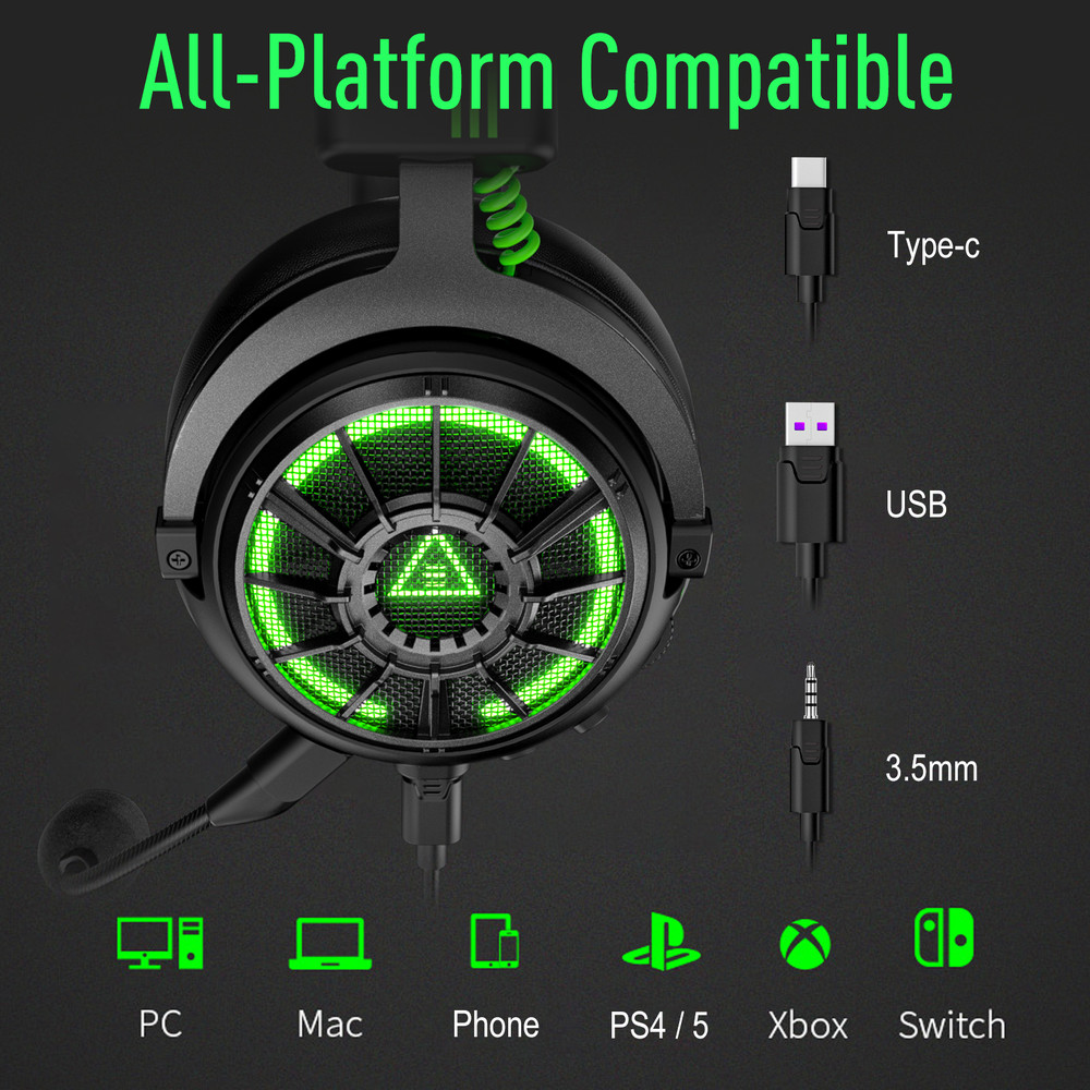 EKSA Pro Gaming Headset, USB Type C 3.5mm, 7.1 Wired Headphones with ENC Mic for PC PS4 Xbox Switch