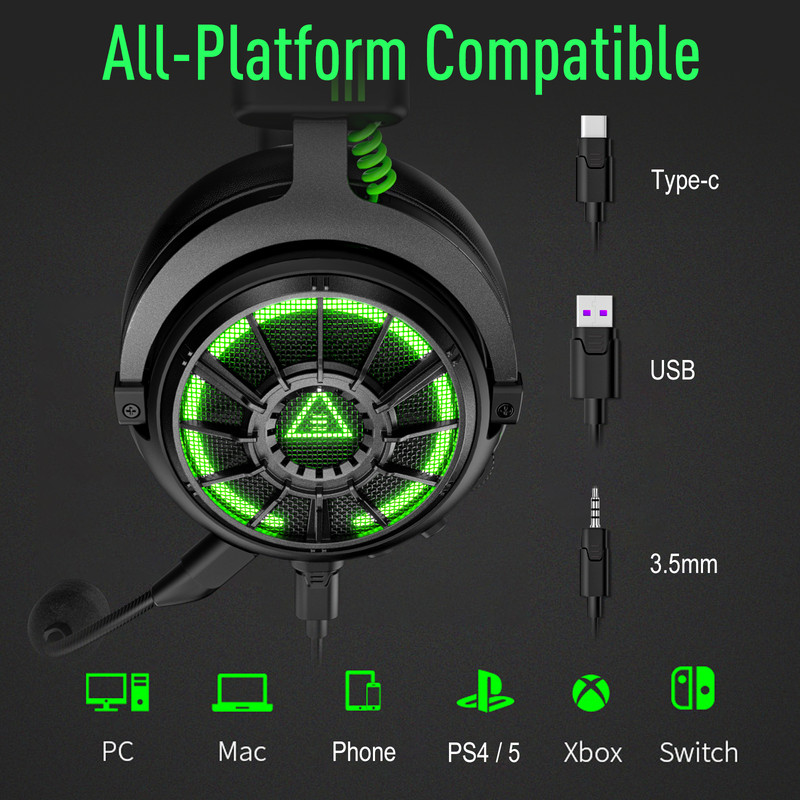 EKSA Pro Gaming Headset, USB Type C 3.5mm, 7.1 Wired Headphones with ENC Mic for PC PS4 Xbox Switch