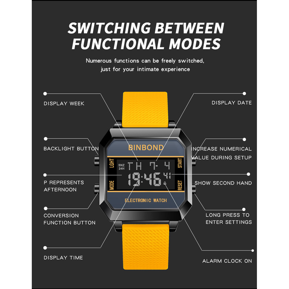 Multifunctional Mens Watch Business Sports, Fashion Electronic Wristwatch, Waterproof Silicone Strap Alarm Clock