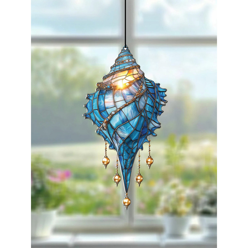 Blue Acrylic Conch Shell Window Suncatcher, Coastal Beach House Hanging Ornament, Garden Pendant, Home Decor Accent