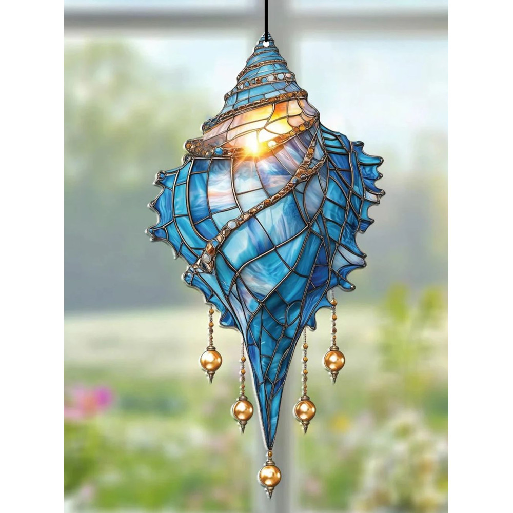 Blue Acrylic Conch Shell Window Suncatcher, Coastal Beach House Hanging Ornament, Garden Pendant, Home Decor Accent