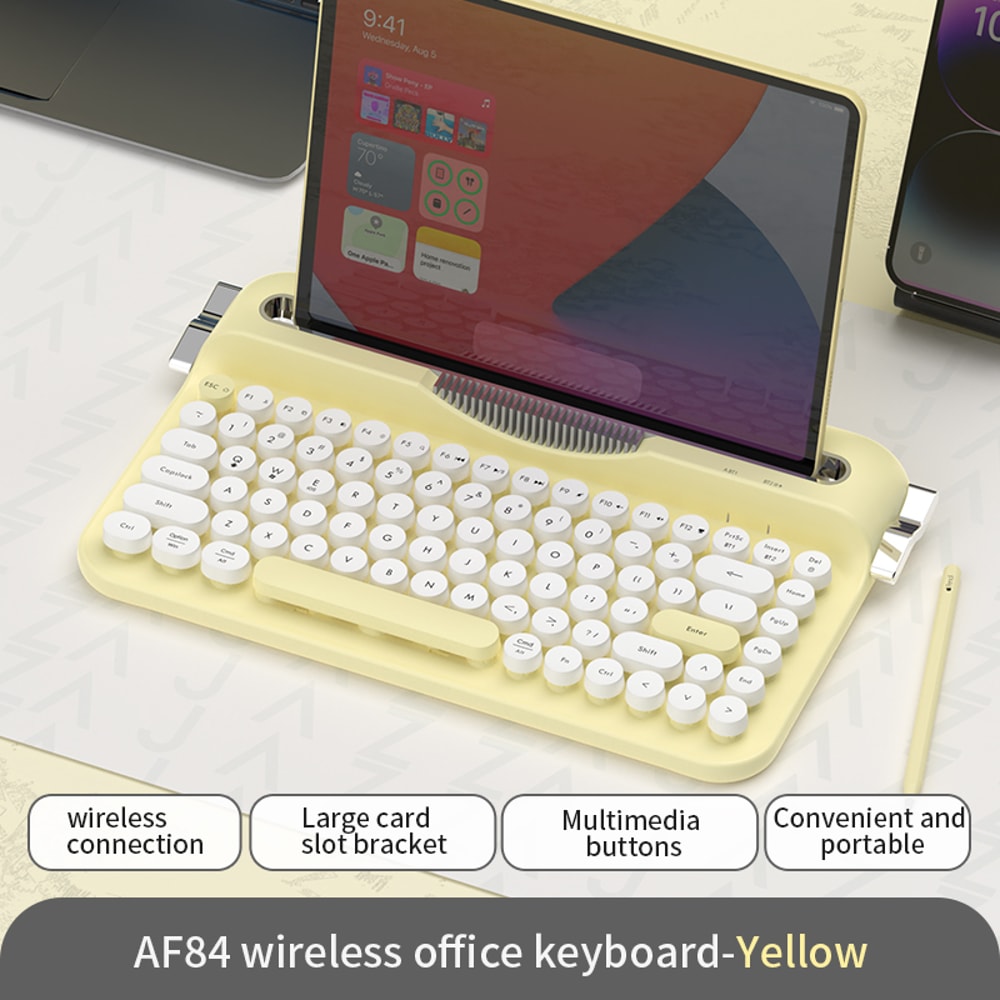 Wireless Keyboard, Retro Typewriter Style, Bluetooth 82-Key with Integrated Stand for iPad