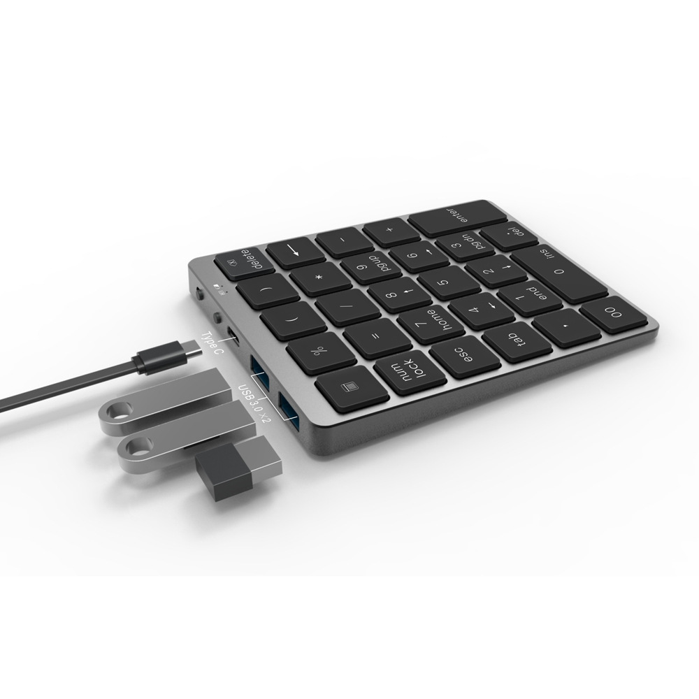 Aluminum Alloy Wireless Keyboard USB HUB with 28 Number Keys, USB Charging Dock, Cable Splitter, USB Disk Reader