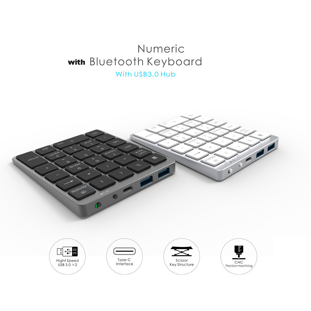 Aluminum Alloy Wireless Keyboard USB HUB with 28 Number Keys, USB Charging Dock, Cable Splitter, USB Disk Reader