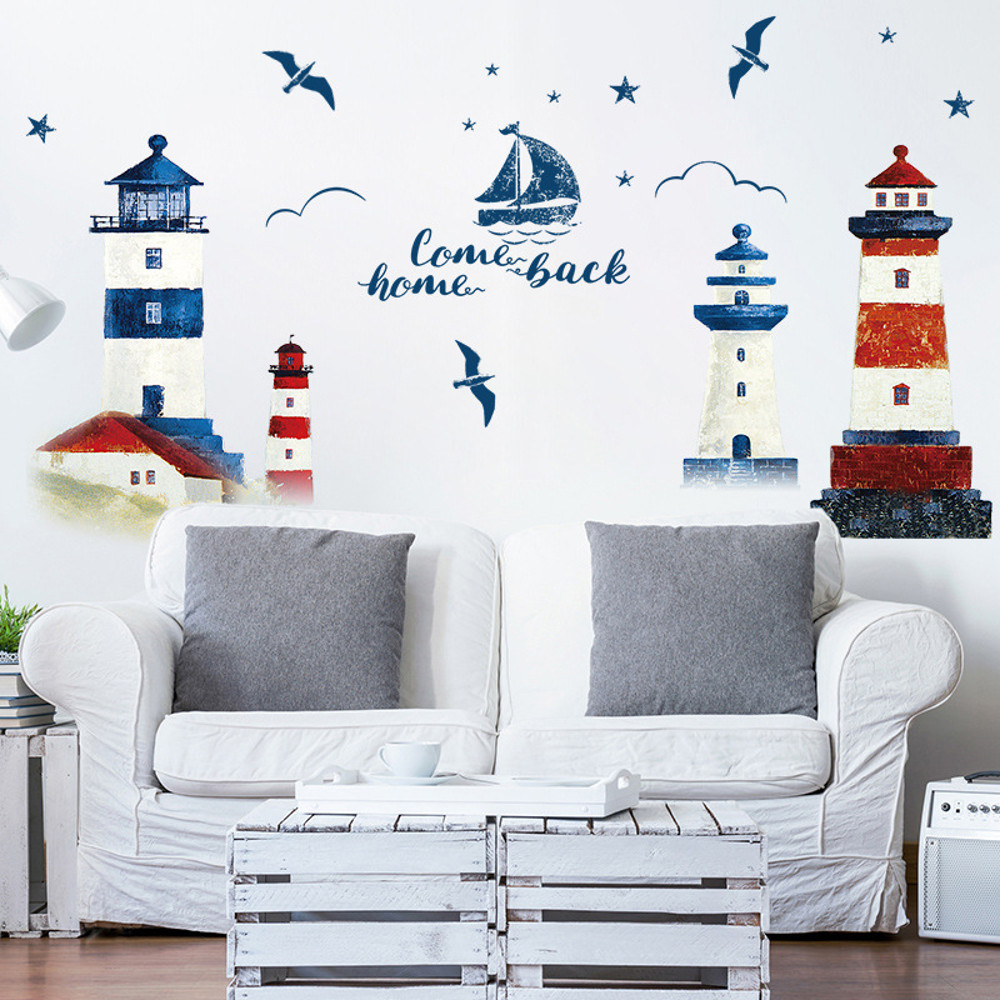 Sea Sailboat Lighthouse Wall Stickers, Large Removable Mural Decals for Bedroom, Living Room, TV & Sofa Background Decor
