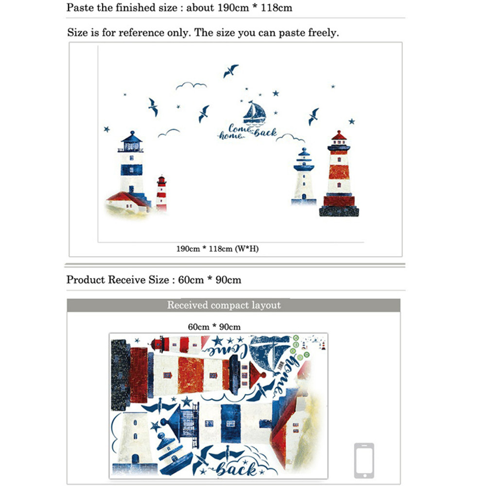 Sea Sailboat Lighthouse Wall Stickers, Large Removable Mural Decals for Bedroom, Living Room, TV & Sofa Background Decor