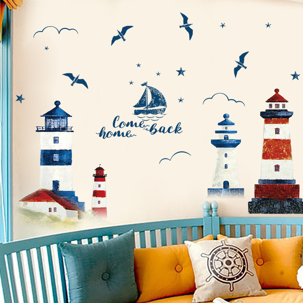 Sea Sailboat Lighthouse Wall Stickers, Large Removable Mural Decals for Bedroom, Living Room, TV & Sofa Background Decor