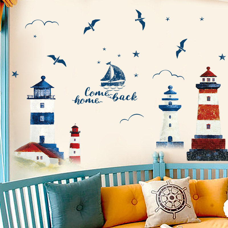 Sea Sailboat Lighthouse Wall Stickers, Large Removable Mural Decals for Bedroom, Living Room, TV & Sofa Background Decor