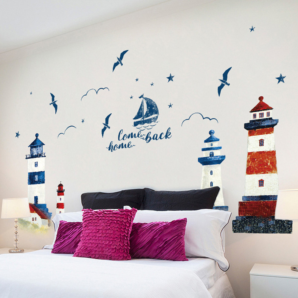 Sea Sailboat Lighthouse Wall Stickers, Large Removable Mural Decals for Bedroom, Living Room, TV & Sofa Background Decor
