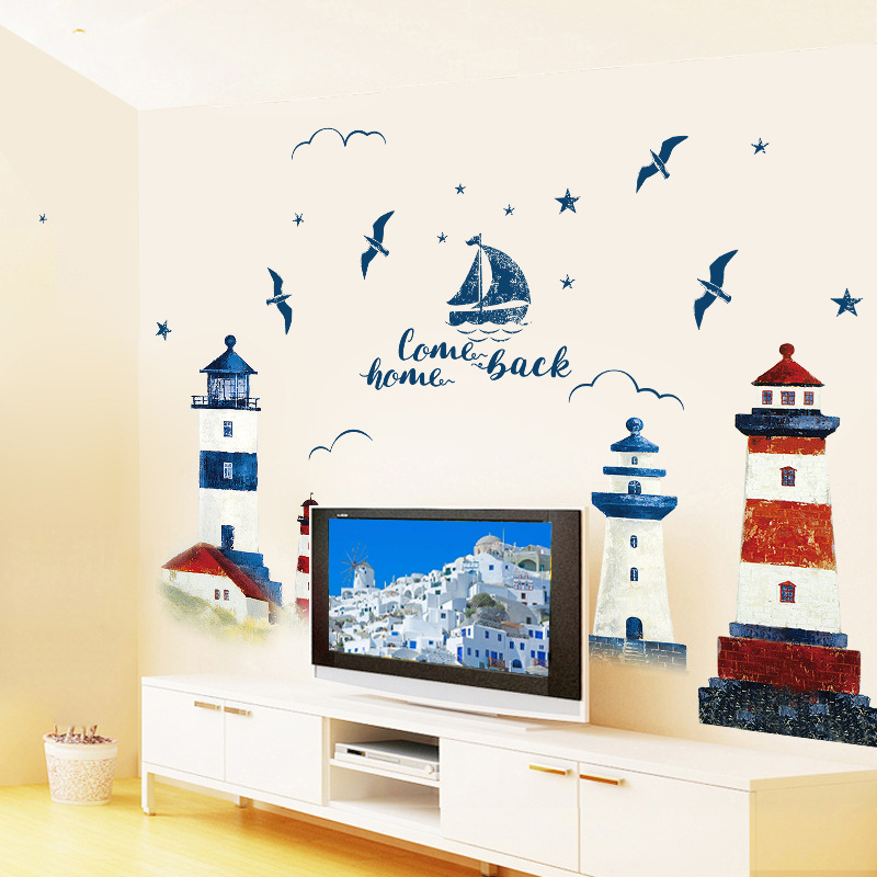 Sea Sailboat Lighthouse Wall Stickers, Large Removable Mural Decals for Bedroom, Living Room, TV & Sofa Background Decor