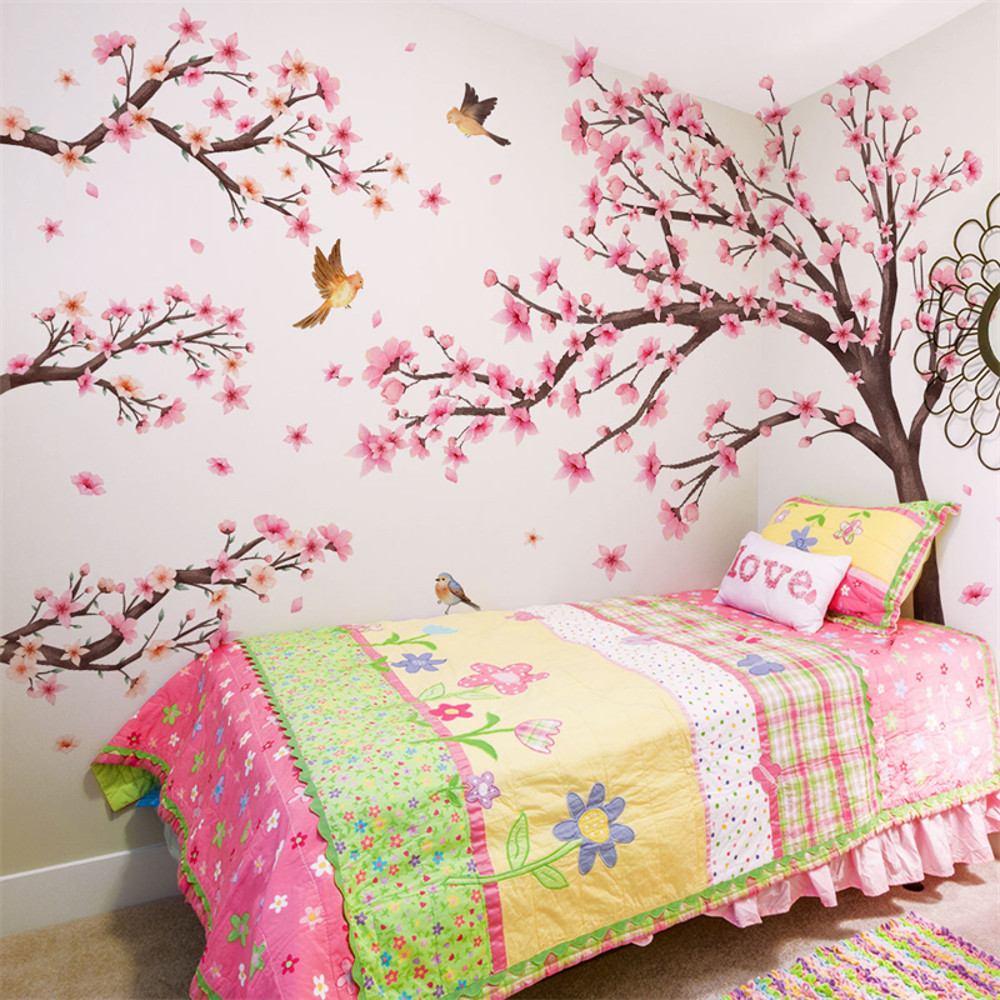 Extra Large Pink Cherry Blossom Tree Wall Stickers, Kids Room, Living Room Decoration with with Bird & Flower Decal