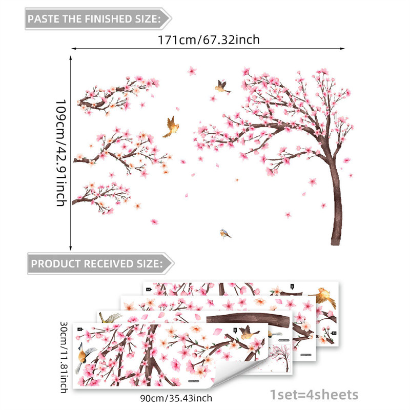 Extra Large Pink Cherry Blossom Tree Wall Stickers, Kids Room, Living Room Decoration with with Bird & Flower Decal