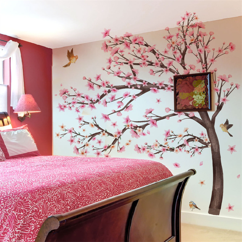 Extra Large Pink Cherry Blossom Tree Wall Stickers, Kids Room, Living Room Decoration with with Bird & Flower Decal