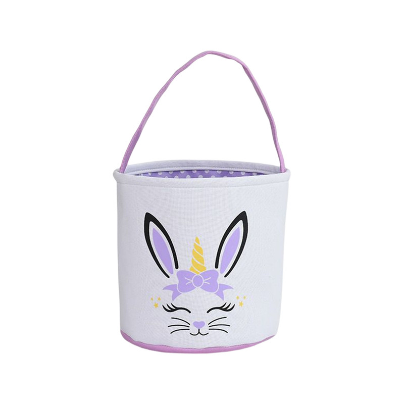 Easter Bunny Bag, Cute Cloth Holiday Bucket with Handle for Kids, Decorative Blue Lacework & Footprint Design