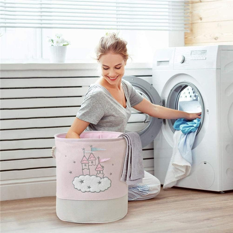 Large Pink Laundry Basket for Kids, Foldable Fabric Toy Storage with Handles, Cute Cartoon Castle Design, Nursery Hamper