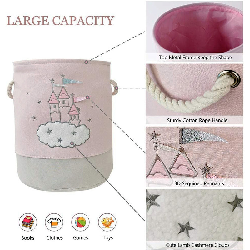 Large Pink Laundry Basket for Kids, Foldable Fabric Toy Storage with Handles, Cute Cartoon Castle Design, Nursery Hamper