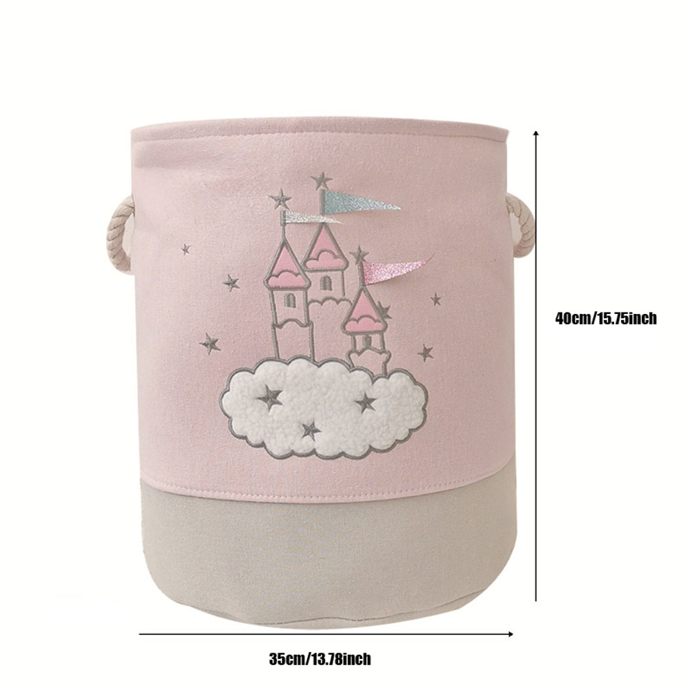 Large Pink Laundry Basket for Kids, Foldable Fabric Toy Storage with Handles, Cute Cartoon Castle Design, Nursery Hamper