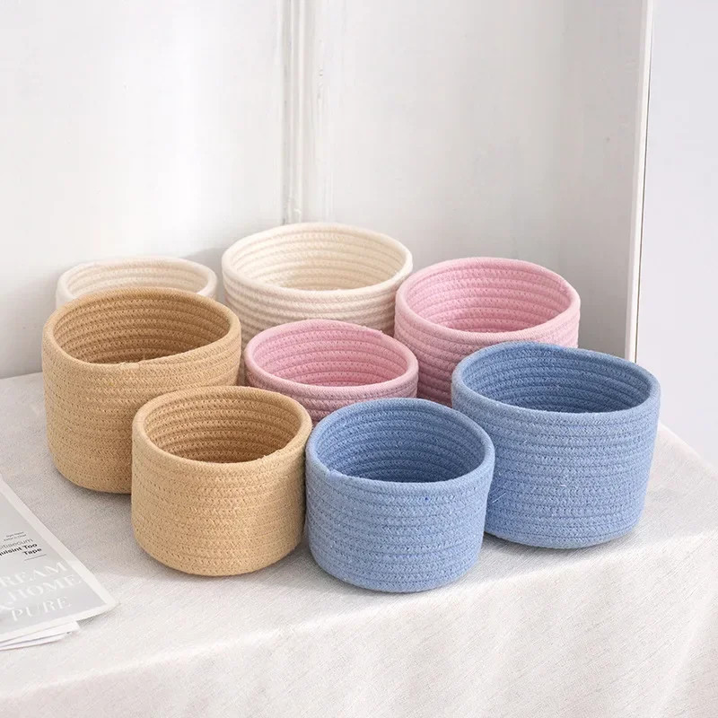 Handmade Woven Cotton Rope Storage Basket, Desktop Organizer for Sundries, Cosmetics, Snacks, Toys & Keys