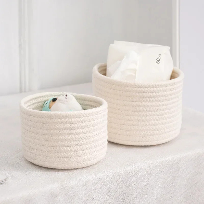 Handmade Woven Cotton Rope Storage Basket, Desktop Organizer for Sundries, Cosmetics, Snacks, Toys & Keys