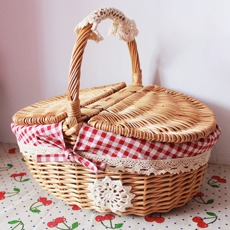 Sturdy Wicker Picnic Basket with Removable Washable Lining, Double Lid Handle Picnic Hamper for Beach, Hiking & Outdoor