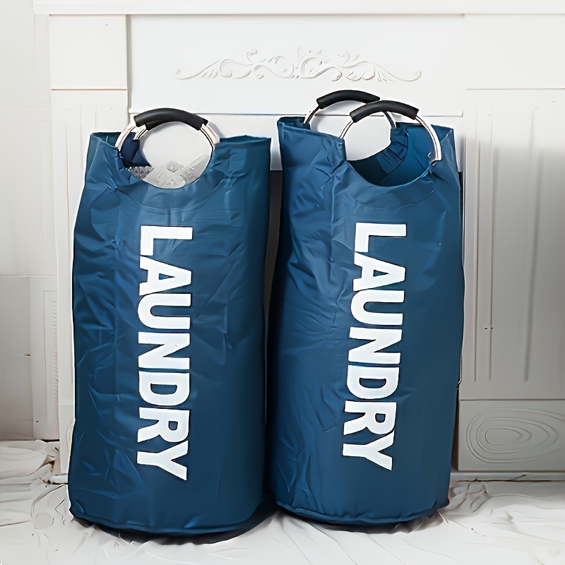 Large Waterproof Laundry Basket Foldable, Contemporary Round Polyester Blend Hamper with Aluminum Handles for Bathroom