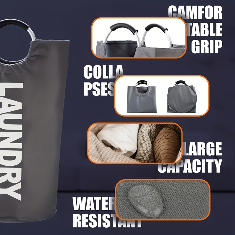 Large Waterproof Laundry Basket Foldable, Contemporary Round Polyester Blend Hamper with Aluminum Handles for Bathroom