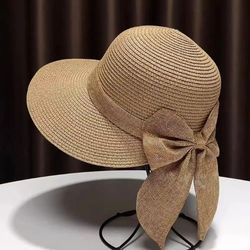 wide brim bowknot straw hat for women, summer sun hat, uv protection casual beach cap, lightweight & breathable