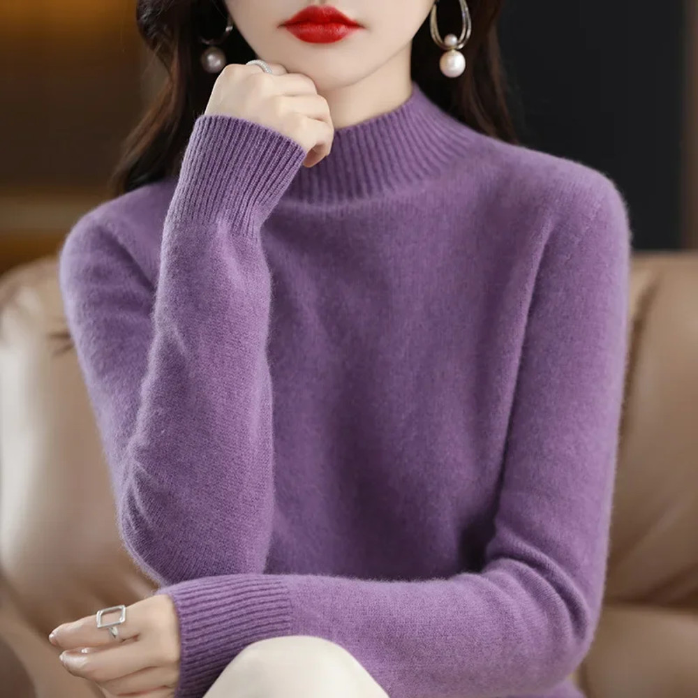 Autumn Winter Women Sweater, Fashion Warm Bottoming Shirts, Half High Collar Knitwear Solid Long Sleeve Pullovers