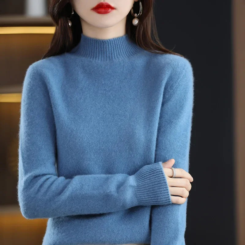 Autumn Winter Women Sweater, Fashion Warm Bottoming Shirts, Half High Collar Knitwear Solid Long Sleeve Pullovers