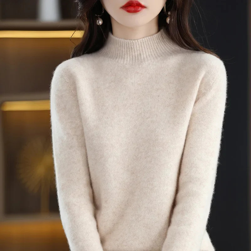 Autumn Winter Women Sweater, Fashion Warm Bottoming Shirts, Half High Collar Knitwear Solid Long Sleeve Pullovers