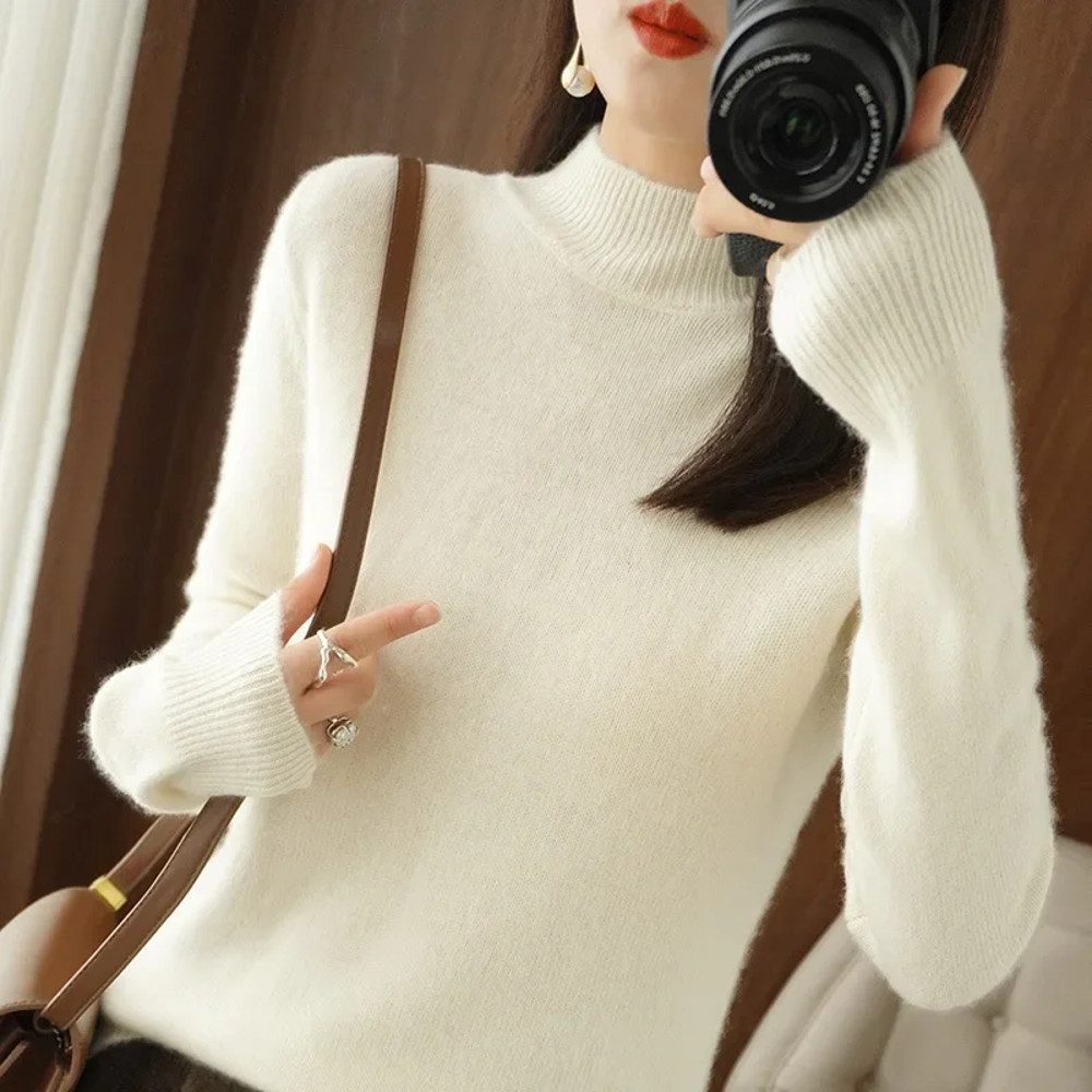 Autumn Winter Women Sweater, Fashion Warm Bottoming Shirts, Half High Collar Knitwear Solid Long Sleeve Pullovers