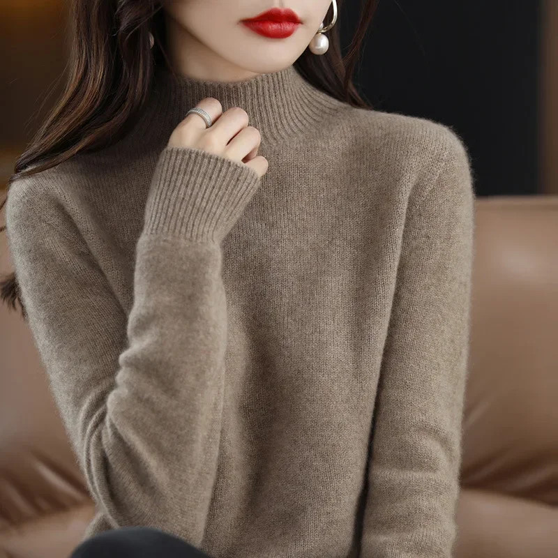 Autumn Winter Women Sweater, Fashion Warm Bottoming Shirts, Half High Collar Knitwear Solid Long Sleeve Pullovers