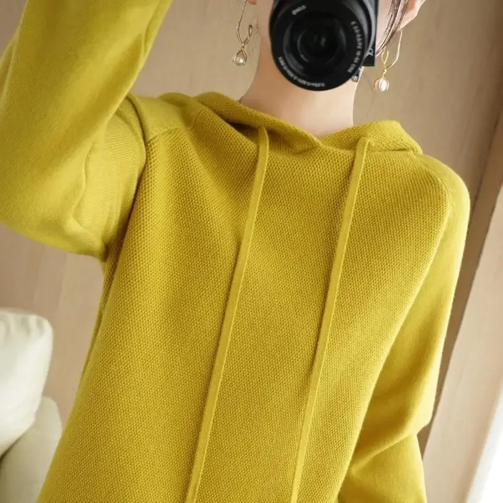 Hooded Sweater Woman, Autumn Winter Warm Knit Tops, Long Sleeve Pullover, Fashion Jumper, Solid Casual Bottoming