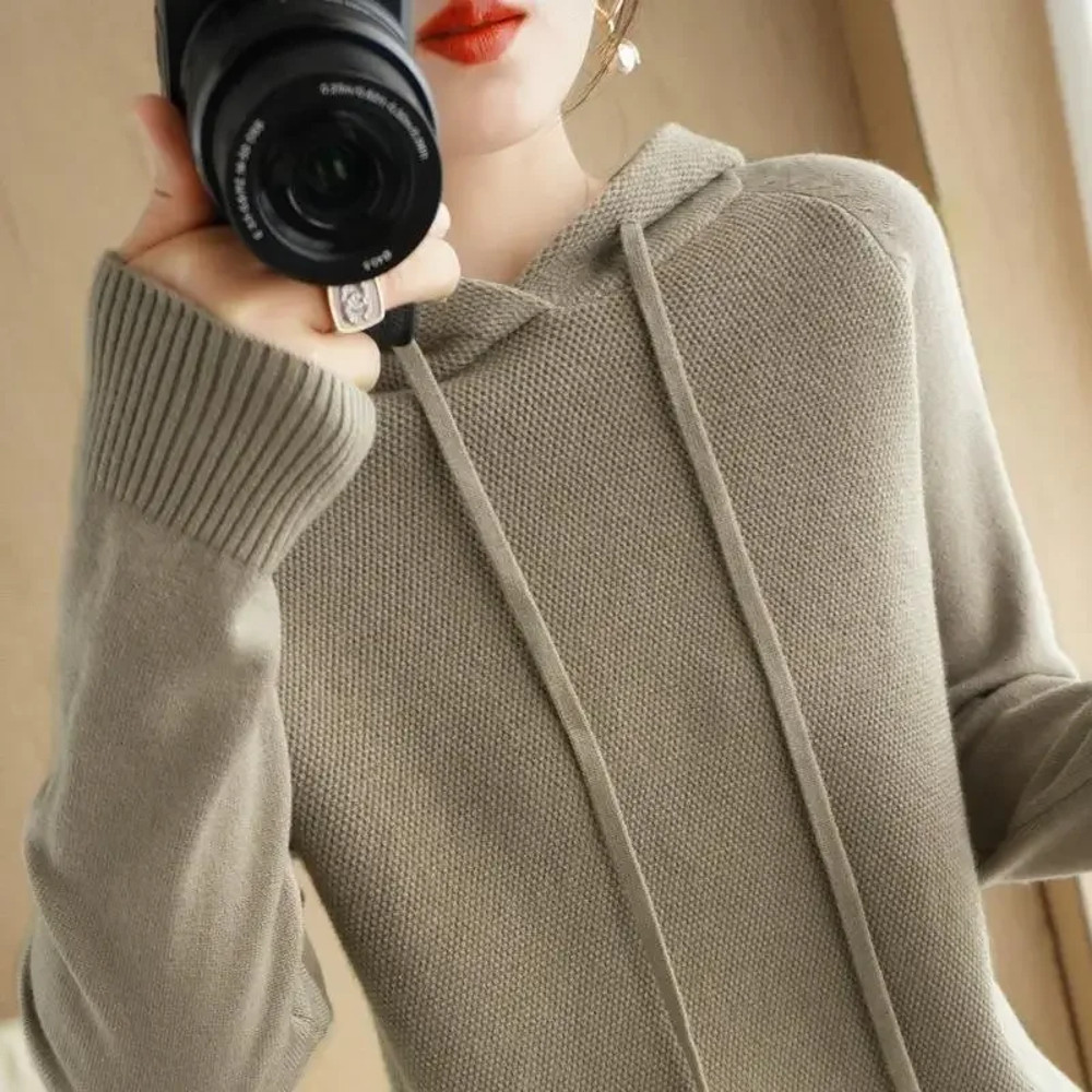 Hooded Sweater Woman, Autumn Winter Warm Knit Tops, Long Sleeve Pullover, Fashion Jumper, Solid Casual Bottoming