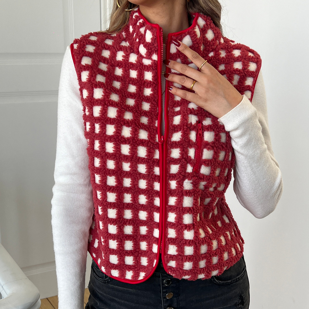 Womens Fuzzy Checkered Vest, Stand Collar Zip Up Jacket, Sleeveless Warm Outwear, Loose Fit Spring Fall Layer