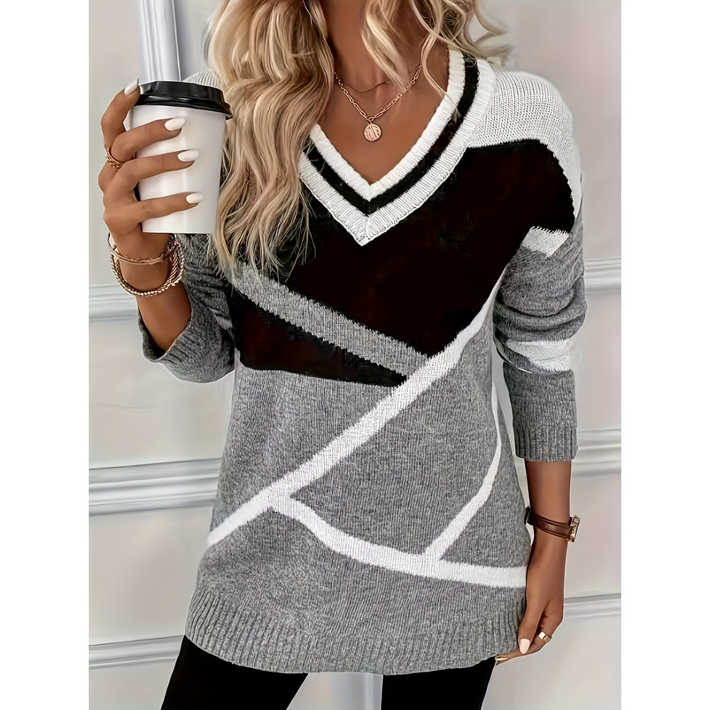New Womens Casual Loose Sweater, V Neck Woolen Top, Large Size Geometric Pattern Pullover