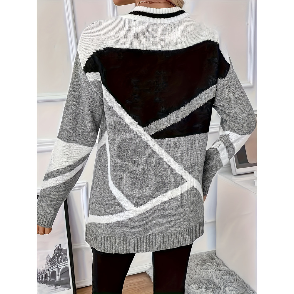 New Womens Casual Loose Sweater, V Neck Woolen Top, Large Size Geometric Pattern Pullover