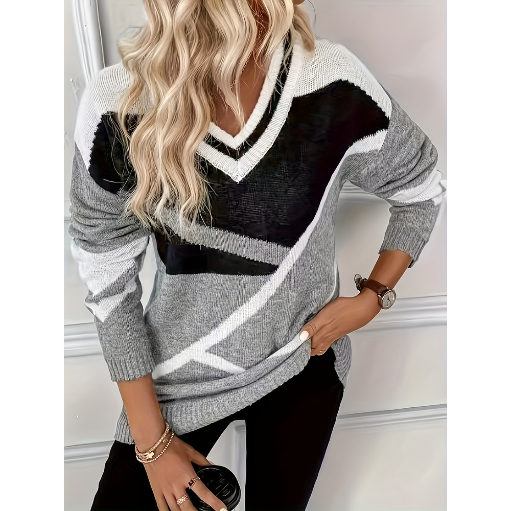 New Womens Casual Loose Sweater, V Neck Woolen Top, Large Size Geometric Pattern Pullover