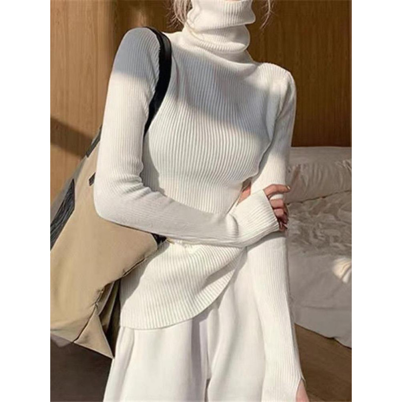 Womens Casual Pullover, Chic Knitted Turtleneck Sweater, Simple Fashion Top with Thumb Holes, Autumn Winter Basic