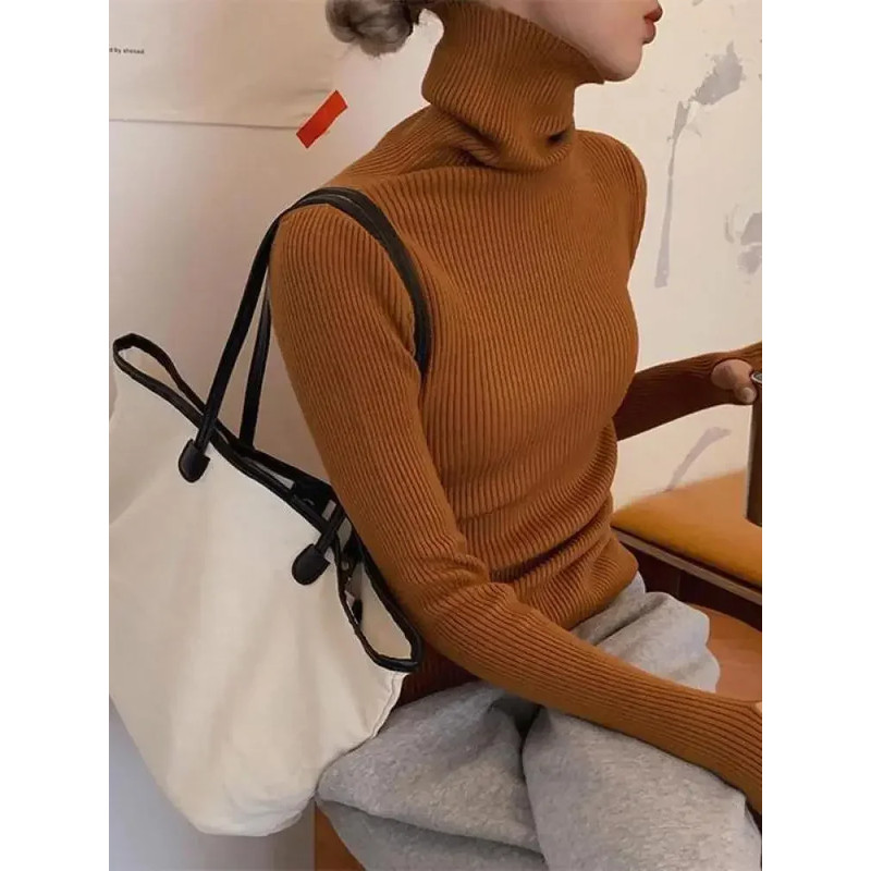 Womens Casual Pullover, Chic Knitted Turtleneck Sweater, Simple Fashion Top with Thumb Holes, Autumn Winter Basic