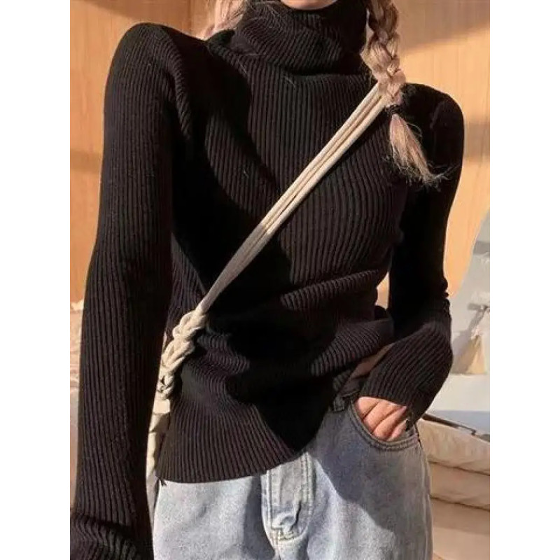 Womens Casual Pullover, Chic Knitted Turtleneck Sweater, Simple Fashion Top with Thumb Holes, Autumn Winter Basic