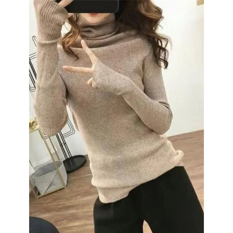 Womens Casual Pullover, Chic Knitted Turtleneck Sweater, Simple Fashion Top with Thumb Holes, Autumn Winter Basic