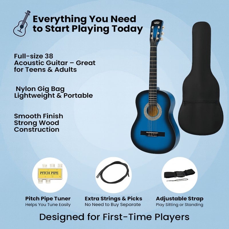 Blue Beginner Acoustic Guitar Bundle W Case Tuner Strap Extra Strings 3