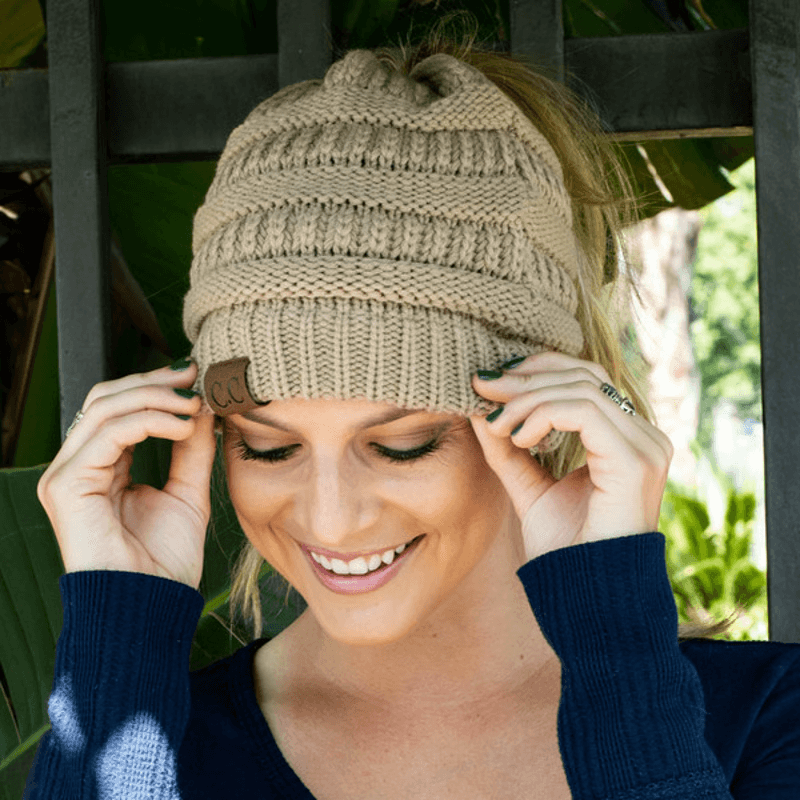beanie designed for ponytails and buns
